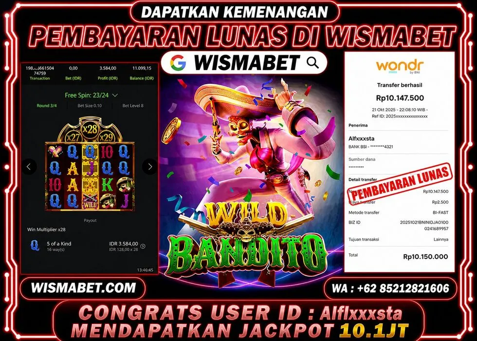 Wismabet - BUKTI KEMENANGAN Wild Bandito Rp10,200,000,- LUNAS